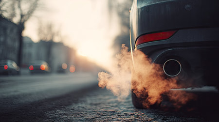 Thick white smoke billowing from the exhaust pipe of a car on a cold morning, with a blurred city backgroundの素材