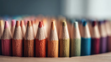 Different colored pencils aligned neatly in rows on a desk with a soft, blurred background for a creative workspace feelの素材