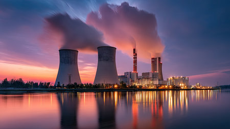 Thermal power plant with no smoke emissions, chimneys standing still against a serene evening skyの素材