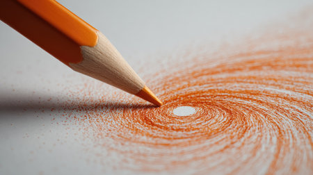 Bright orange pencil drawing a swirling pattern line on a clean background, suggesting imaginationの素材