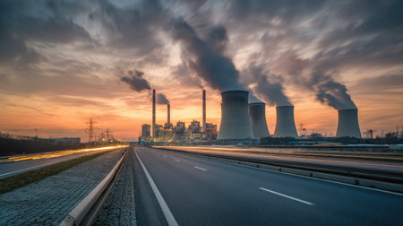 Thermal power station seen from a highway, chimneys in the background with smoke trails crossing the skyの素材