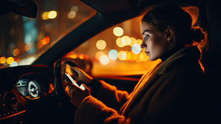 Stylish woman using smartphone with one hand on the wheel, dashboard lights glowing in the backgroundの素材