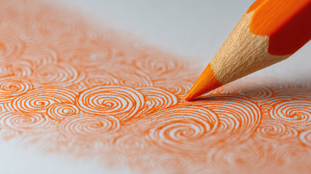 Bright orange pencil drawing a swirling pattern line on a clean background, suggesting imaginationの素材