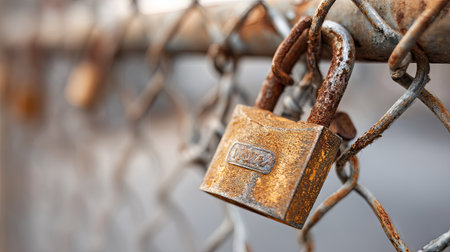 Close-up of a rusty padlock hanging on a chain-link fence, symbolizing security and strengthの素材