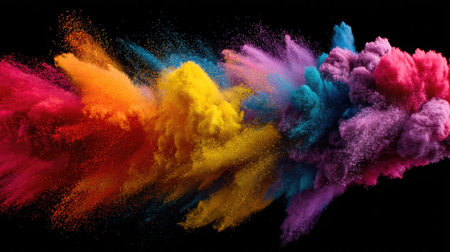 Bright Holi powder in a chaotic burst, forming a spectrum of colors with visible movement and texture in mid-airの素材