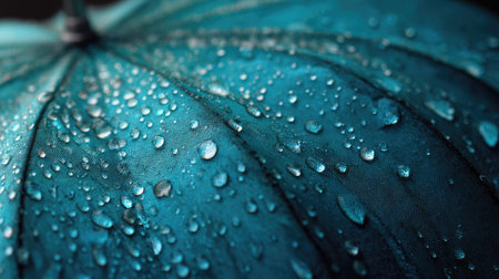 Close-up of water droplets on the surface of a teal umbrella, emphasizing texture and moodの素材