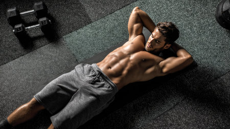 Top-down angle of a man doing crunches on a mat, abs flexed, gym floor and dumbbells visible in the backgroundの素材