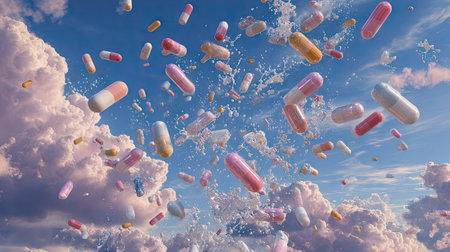 Surreal image of pills floating in a splash-filled sky, dreamy and abstract interpretation of modern medicineの素材