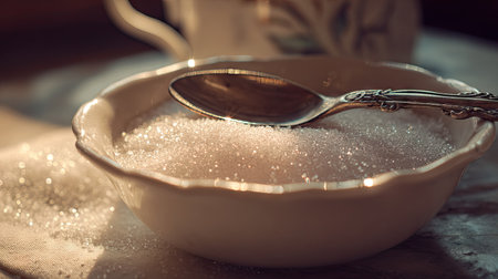 Detailed image of sugar crystals in a white ceramic bowl with vintage spoon and warm kitchen lightingの素材