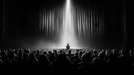 Timeless theater scene with audience view of curtain opening and single spotlight on stage centerの素材
