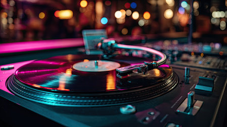 Close-up of a sleek black DJ turntable with a spinning vinyl record under colorful club lights, capturing nightlife energyの素材