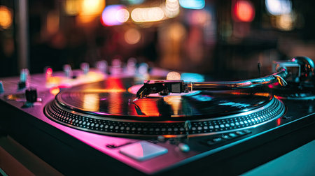 Close-up of a sleek black DJ turntable with a spinning vinyl record under colorful club lights, capturing nightlife energyの素材