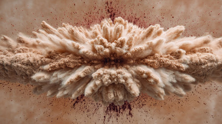 Creative top-down shot of powder color exploding on a flat surface, forming intricate symmetrical shapes and textureの素材
