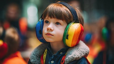 Child wearing colorful earmuffs at a loud event, focusing on hearing protection for kidsの素材