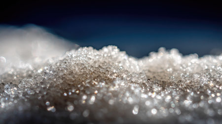 Close-up of granulated sugar crystals glistening under a macro lens, highlighting texture and formの素材