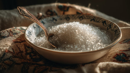 Detailed image of sugar crystals in a white ceramic bowl with vintage spoon and warm kitchen lightingの素材
