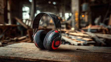 Close-up of black and red protective earmuffs placed on a wooden workbench in a noisy workshop environmentの素材