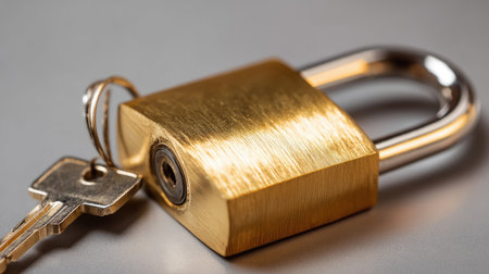 Close-up shot of a shiny brass padlock with a key inserted, representing safety and confidentialityの素材