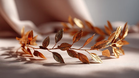 Overhead shot of a golden laurel wreath headband with minimalist background, perfect for advertising or brandingの素材