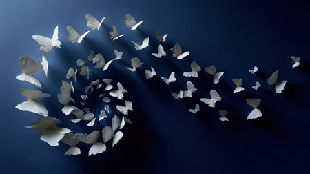 Paper butterflies arranged in a spiral on a deep navy background, suggesting motion, energy, and magicの素材