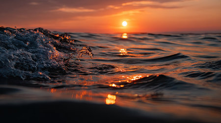 The peaceful ocean under an orange sunset sky, the water glowing softly as the sun sinks below the horizon, painting the world in warmthの素材