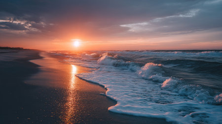 The sun sets over the ocean, casting an orange glow across the water and creating a warm, peaceful scene with soft waves gently lapping at the shoreの素材