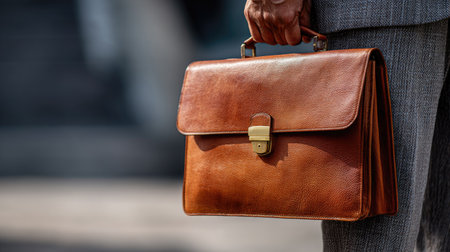 Close-up of a man in a formal outfit holding a luxurious leather briefcase, ready for a business meetingの素材