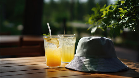 Pair of bucket hats resting on a wooden table beside cold lemonades at an outdoor cafの素材
