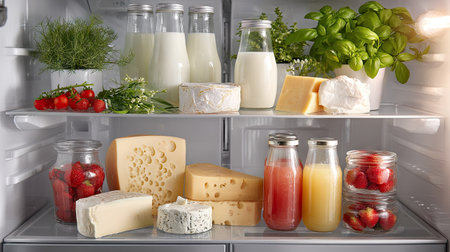 Interior of a modern refrigerator filled with groceries milk, cheeses, fresh herbs, and juices in pristine conditionの素材