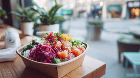 Colorful poke bowl set on a cafe table in a branded takeout box, ready for a quick healthy lunch breakの素材