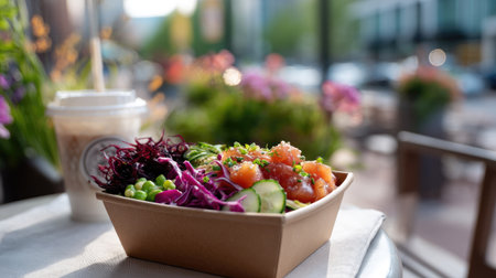 Colorful poke bowl set on a cafe table in a branded takeout box, ready for a quick healthy lunch breakの素材