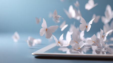 Paper butterflies flying from the screen of a tablet device, symbolizing digital creativity and imaginationの素材