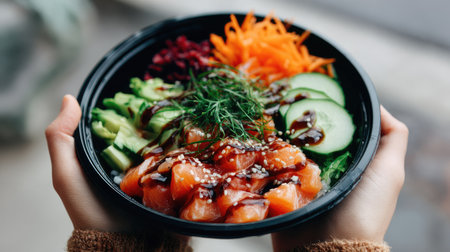 Hands holding a poke bowl to-go, topped with salmon sashimi, cucumbers, carrots, and a soy glaze drizzleの素材