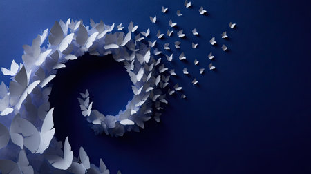 Paper butterflies arranged in a spiral on a deep navy background, suggesting motion, energy, and magicの素材