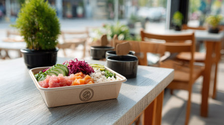 Colorful poke bowl set on a cafe table in a branded takeout box, ready for a quick healthy lunch breakの素材