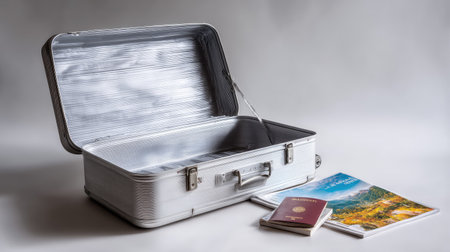 Empty open aluminum suitcase on a white background with a travel magazine and passport beside it, suggesting preparation for a tripの素材