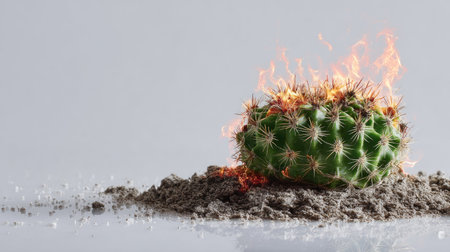 Conceptual image of a cactus burning slowly from the top down, sharp contrast with white backdropの素材