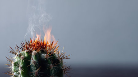 Conceptual image of a cactus burning slowly from the top down, sharp contrast with white backdropの素材