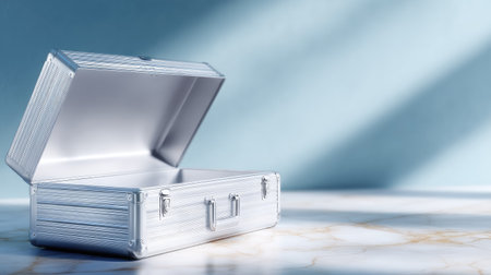 Empty aluminum suitcase with a slightly tilted angle, showcasing its durability and high-end metallic finish on a clean backdropの素材