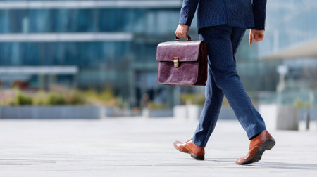 Focused man in a business suit walking toward an office building with a leather briefcase in hand, exuding leadershipの素材