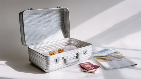 Empty open aluminum suitcase on a white background with a travel magazine and passport beside it, suggesting preparation for a tripの素材