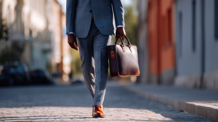 Confident businessman walking down the street with a sleek leather briefcase, dressed in a sharp suit and tieの素材