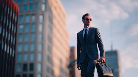 Confident businessman in a suit walking down the street with a leather briefcase, framed by city buildingsの素材
