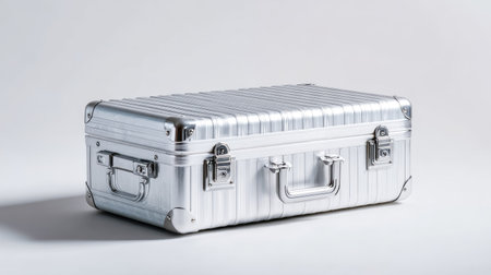 Empty aluminum suitcase on a clean white background, the hard exterior gleaming under soft studio lightingの素材