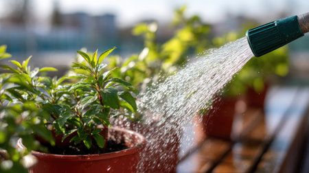 Close-up of a rubber hose nozzle in action, spraying a fine mist of water over potted plants on a sunny dayの素材