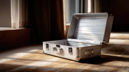 Empty silver aluminum suitcase with zipper open on a luxurious hotel room floor, representing elegance and travelの素材