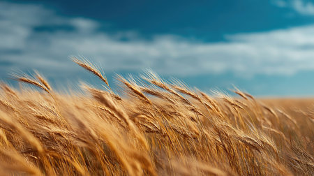 Gentle wind flowing through a field of golden wheat, captured mid-motion under a vibrant blue skyの素材