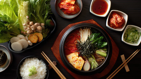 High-angle shot of a Korean hot pot meal with side dishes, chopsticks, and dipping sauces neatly arrangedの素材