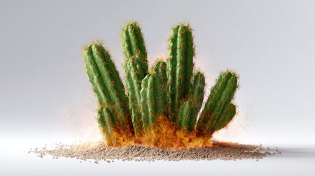 Green cactus isolated with fiery base, fire fading into the white background, symbol of desert resilienceの素材