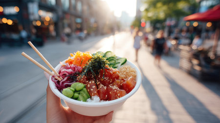 Delicious poke bowl on-the-go, held up against an urban background with street vibes and natural lightの素材